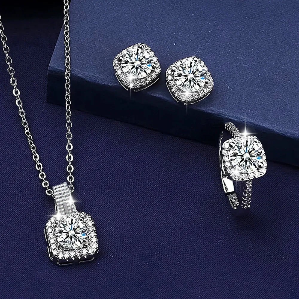 Share 3PCS CZ Stone Jewelry Set Necklace Earrings Ring Silver Tone Women Gift