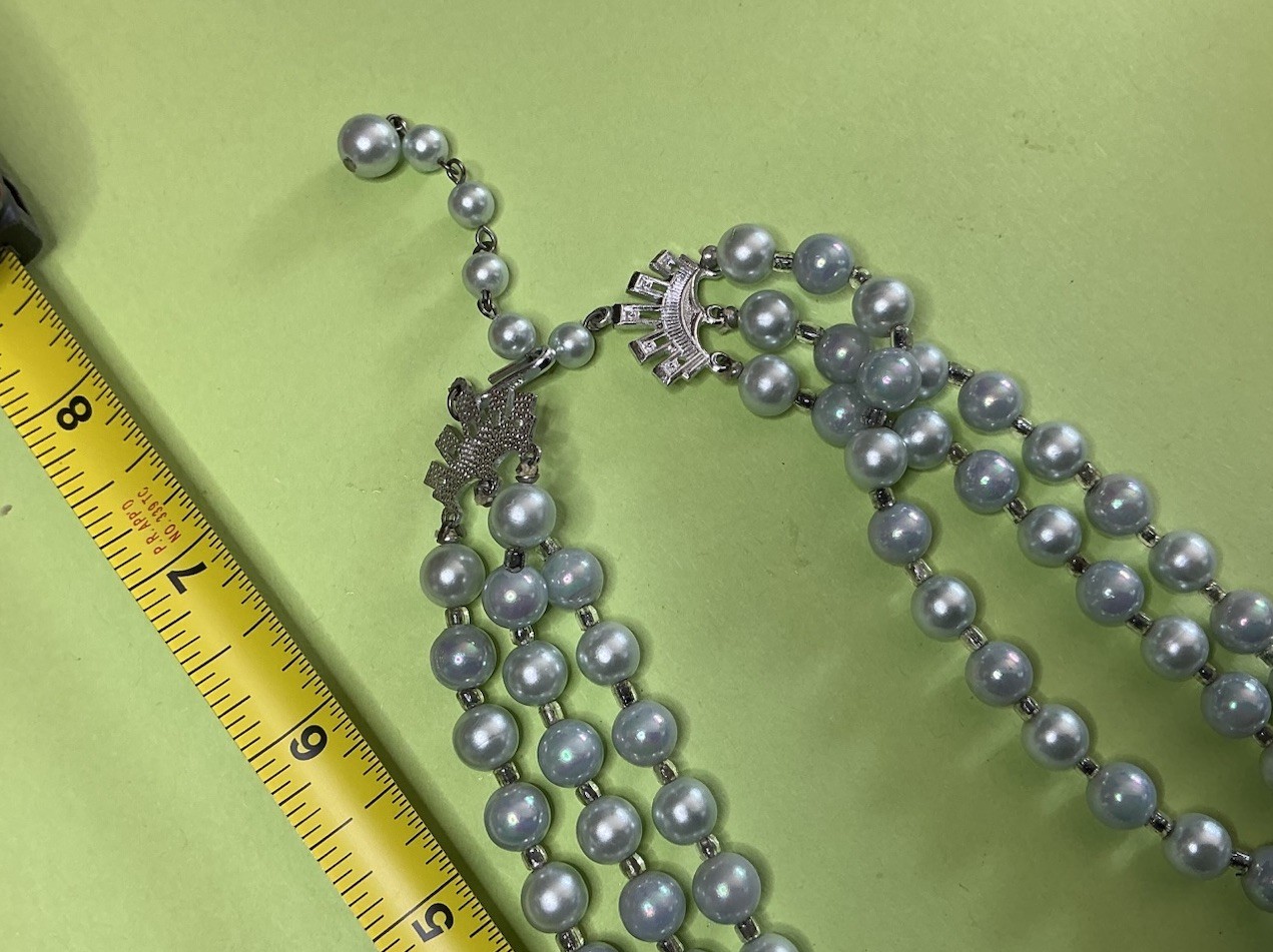 Gray Blue beads Multi Strand Beaded Necklace Glass Beads Silver Tone Hook