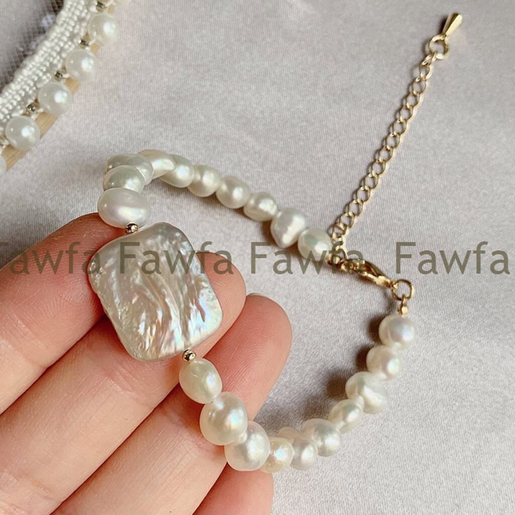 Natural 7-8mm White Freshwater Baroque Pearl 15x20mm Square Pearl Bracelet 7.5′