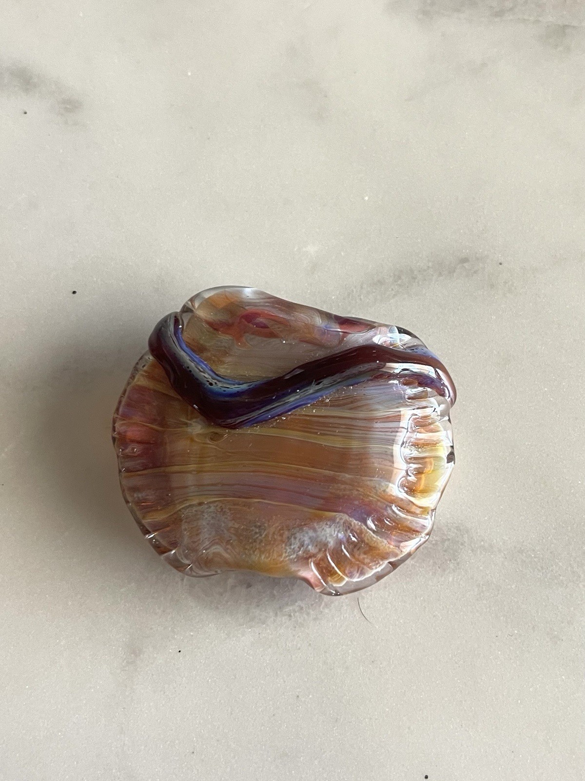 Hand Blown Art Glass Swirl Paperweight, Multicolor Brown Purple