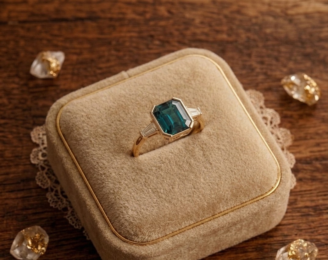 2.10 Cut Emerald Cut Natural Teal Sapphire Proposal Diamond Ring 14k Solid Gold