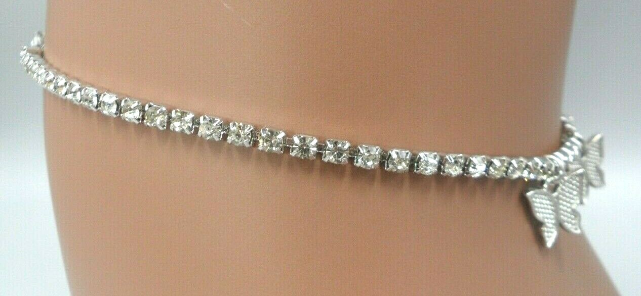 2 Piece Butterfly Jewelry Set: Necklace and Anklet Silver Tone Rhinestone