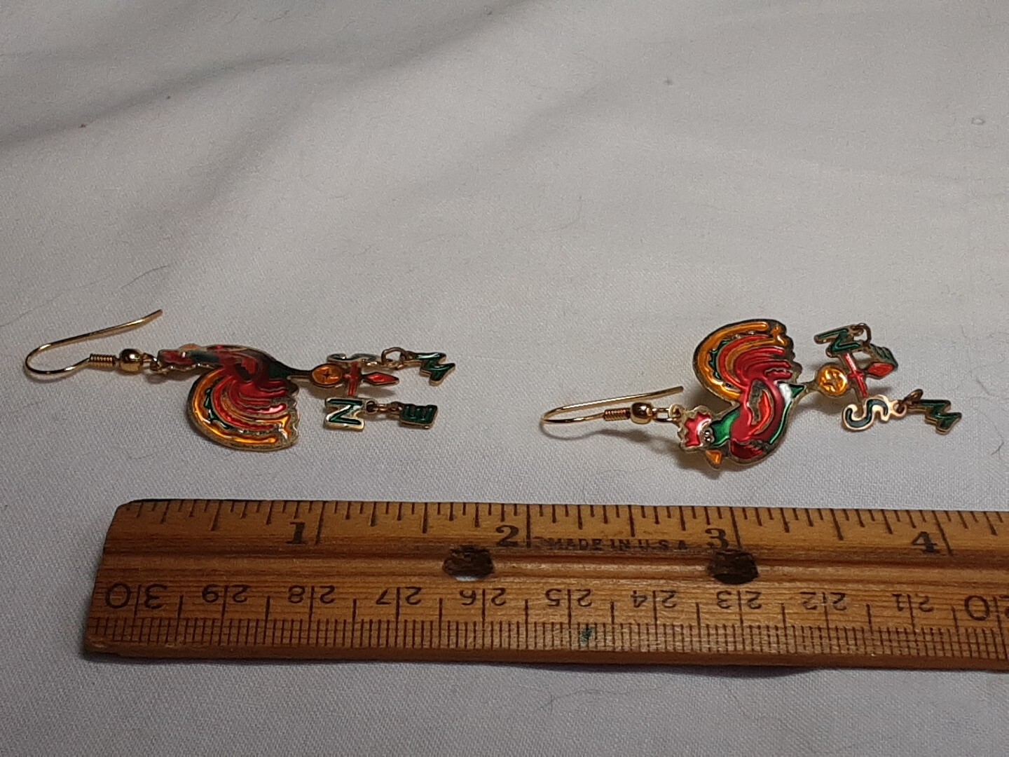 Earring Gold Tone Cloisonne Multicolor Chicken Roaster Dangle N S W E Pierce