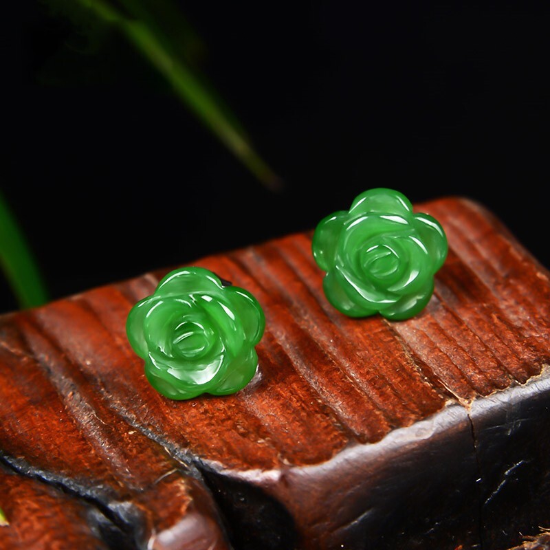 Dainty Natural Green Jade Hand Carved Rose Flower 925 Silver Stud Earrings