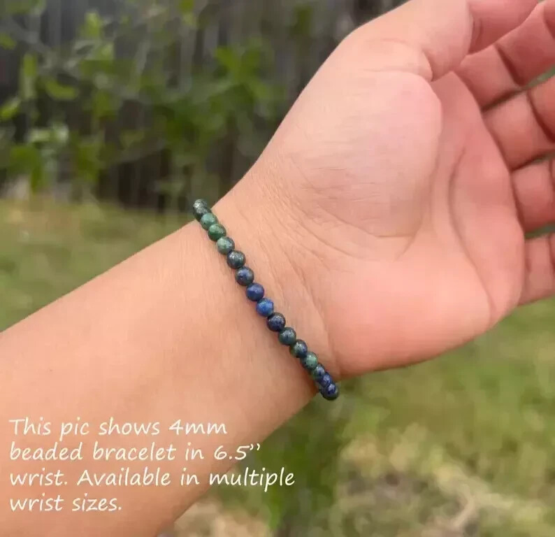 Azurite Malachite Gemstone Stretch Dainty Bracelet Minimalist 4mm Round Beads