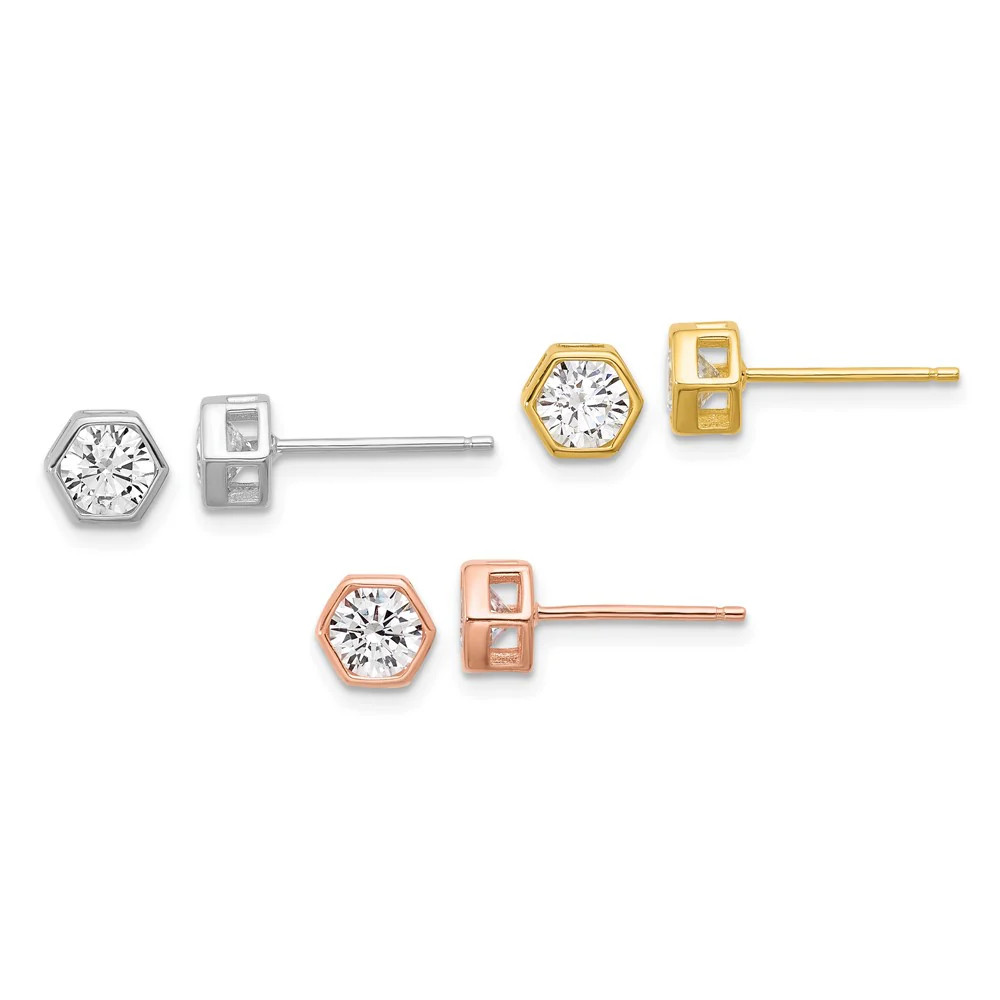 Sterling Silver RH-Plated Rose And Gold-Tone CZ Set Of 3 Post Earring Set