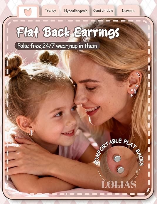 Flat Back Earrings Set Gift for Best Friend Surgical Steel Cartilage Stud Hoop