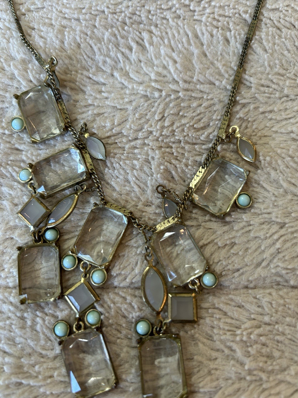 Gold Tone Statement Necklace Clear Rectangle Crystal Charms Adjustable 19-24in