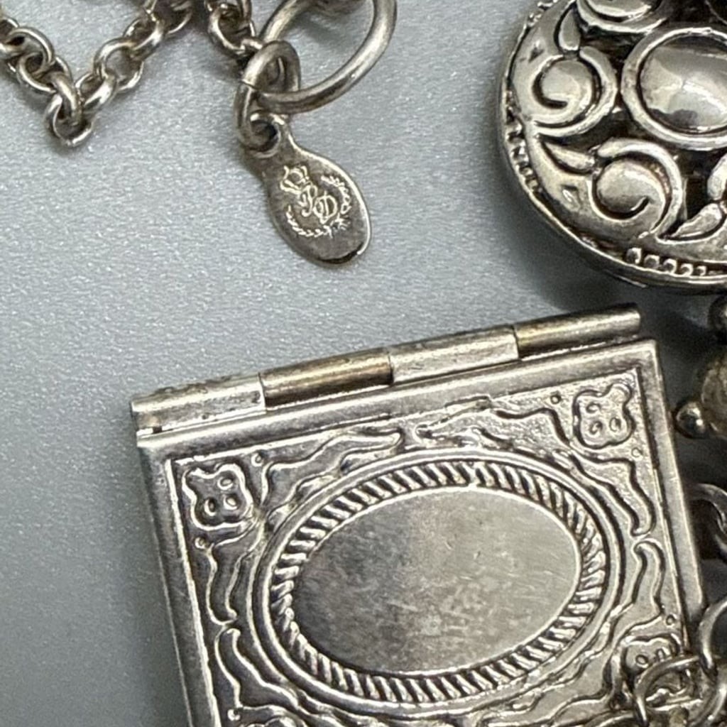 Premier Designs Retired Silver Tone Charm On LONG Necklace Lockets PD Vtg Style