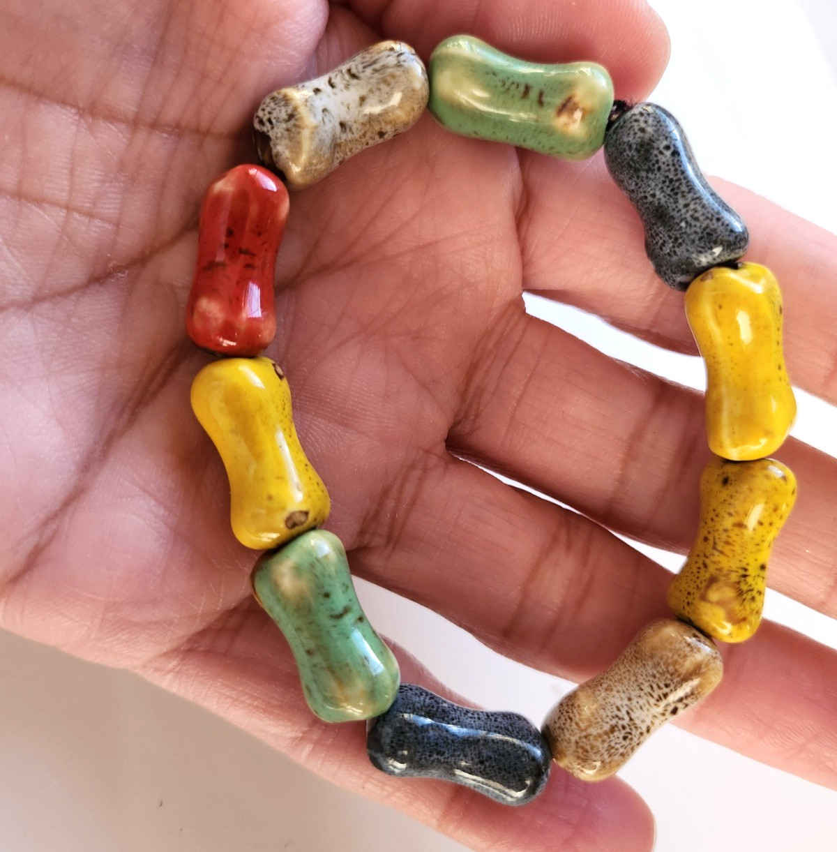 Handmade Colorful Ceramic Bead Bracelet Boho Stretchy Glazed Pottery Jewelry 19g