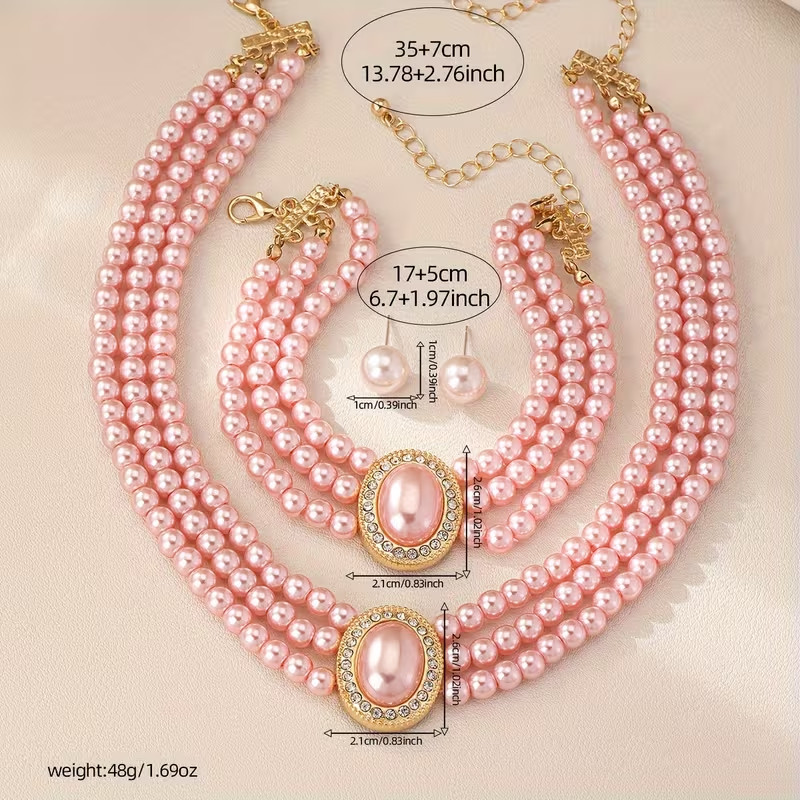 Pink Pearl Jewellery Set Necklace Bracelet Earrings Bridal Wedding Women Gift