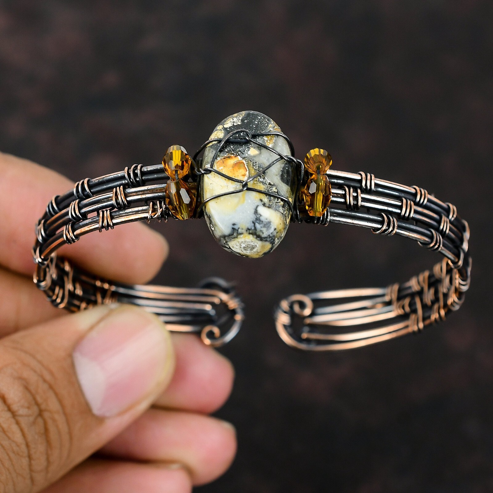 Gift For Her Maligano Jasper Wire Wrapped Adjustable Bangle Copper Jewelry