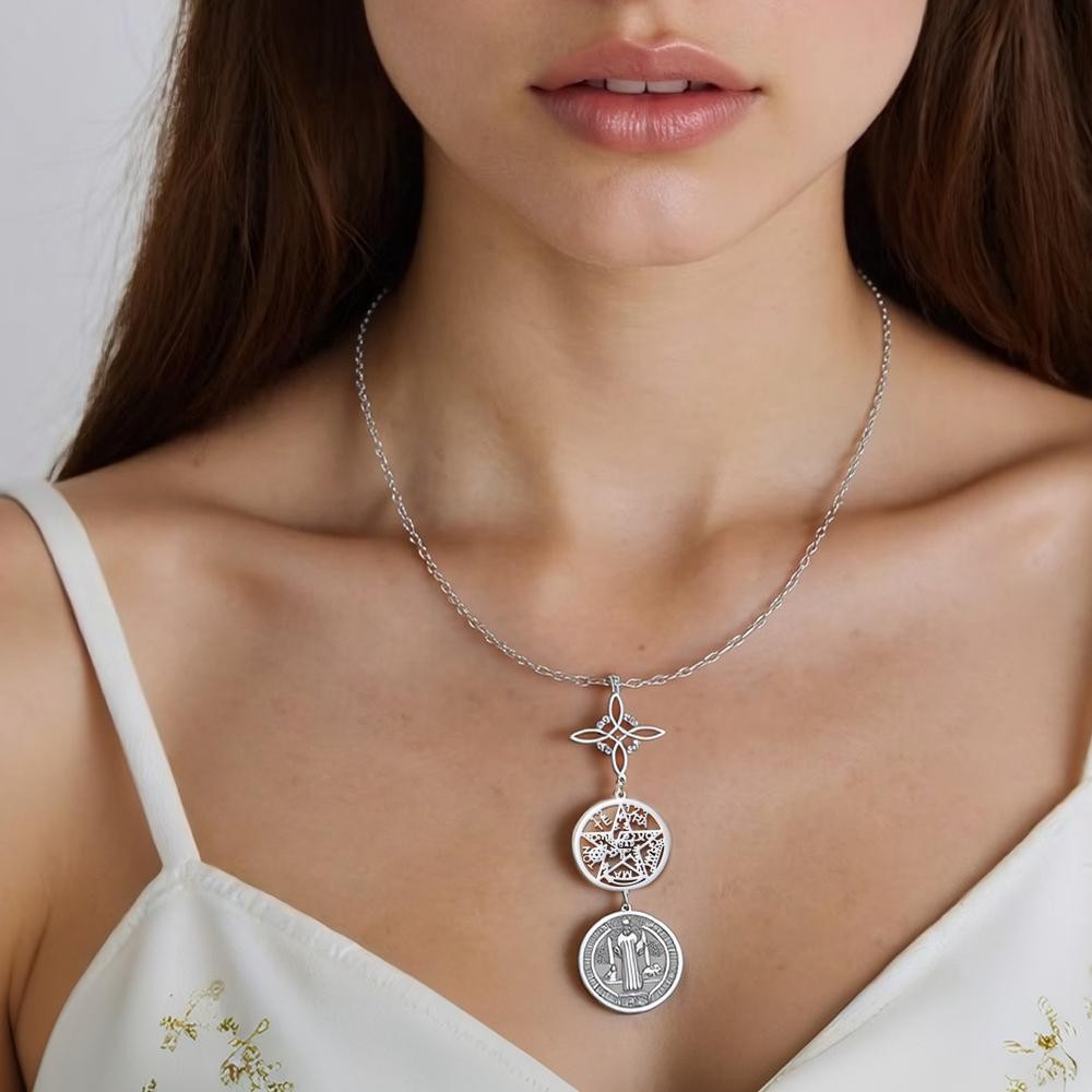 Triple Protection Knot With Witch Necklace Pentagram Tetragrammaton St. Benedict