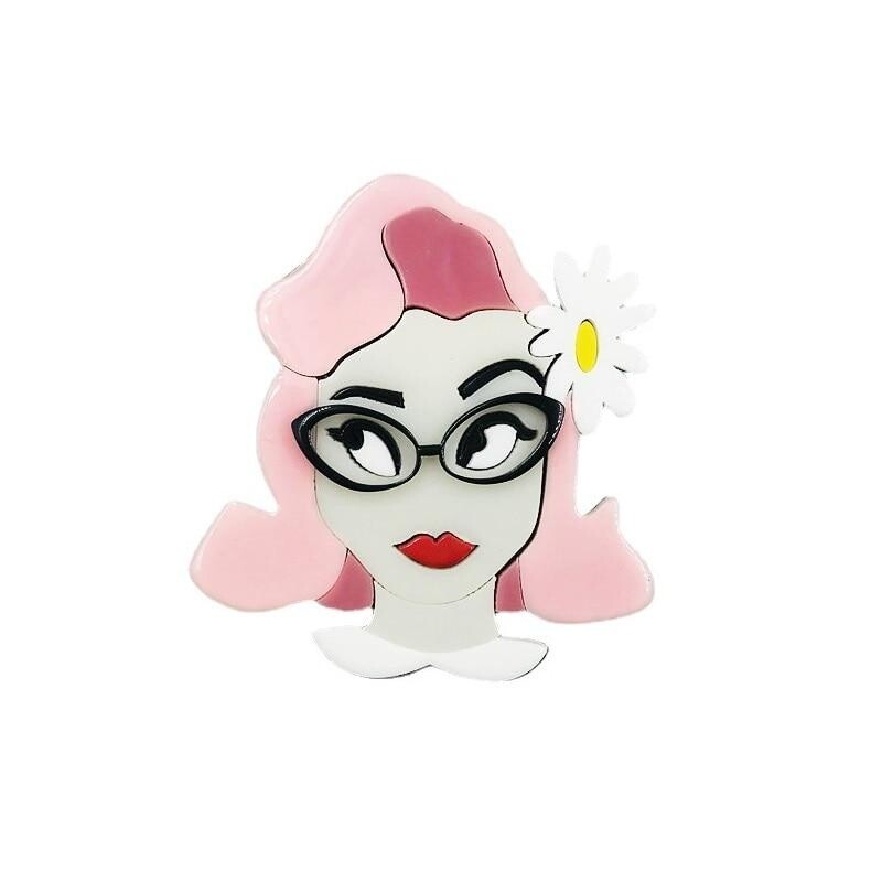 Acrylic Pink Hair Lady Brooches For Women Unisex Wear Flower Glasses Girl