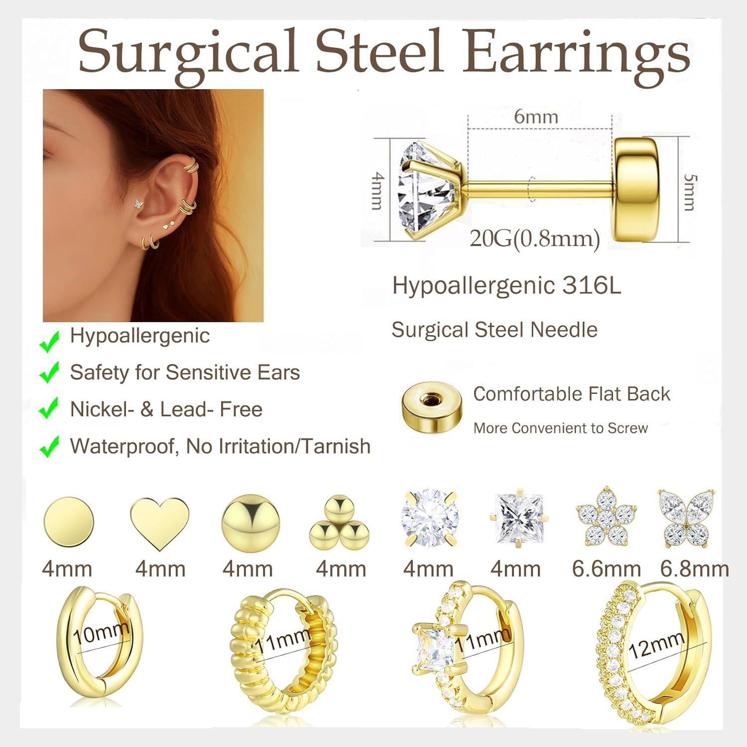 12 Pairs Hypoallergenic Surgical Steel Earrings for Sensitive Ears Waterproof Tr