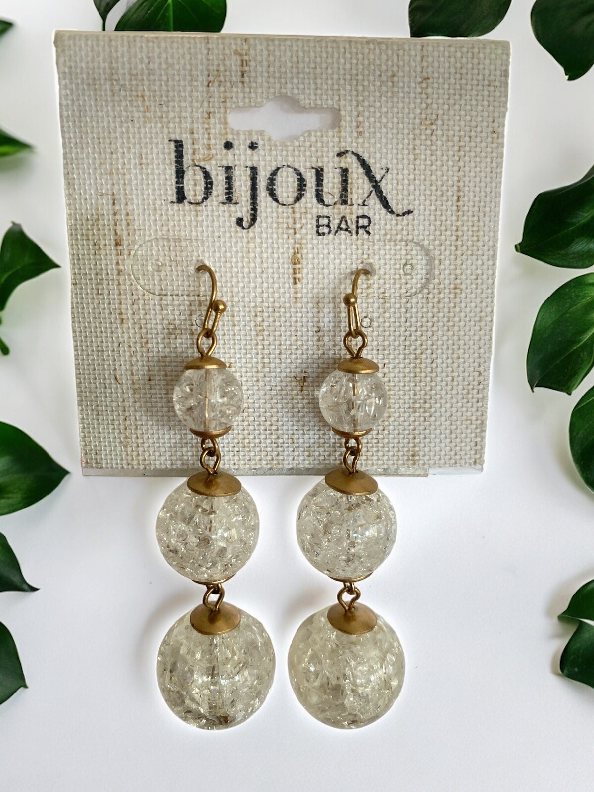 Bijoux Bar Cracked Clear Balls Dangle/Drop 3″ Hook Earrings-NWT