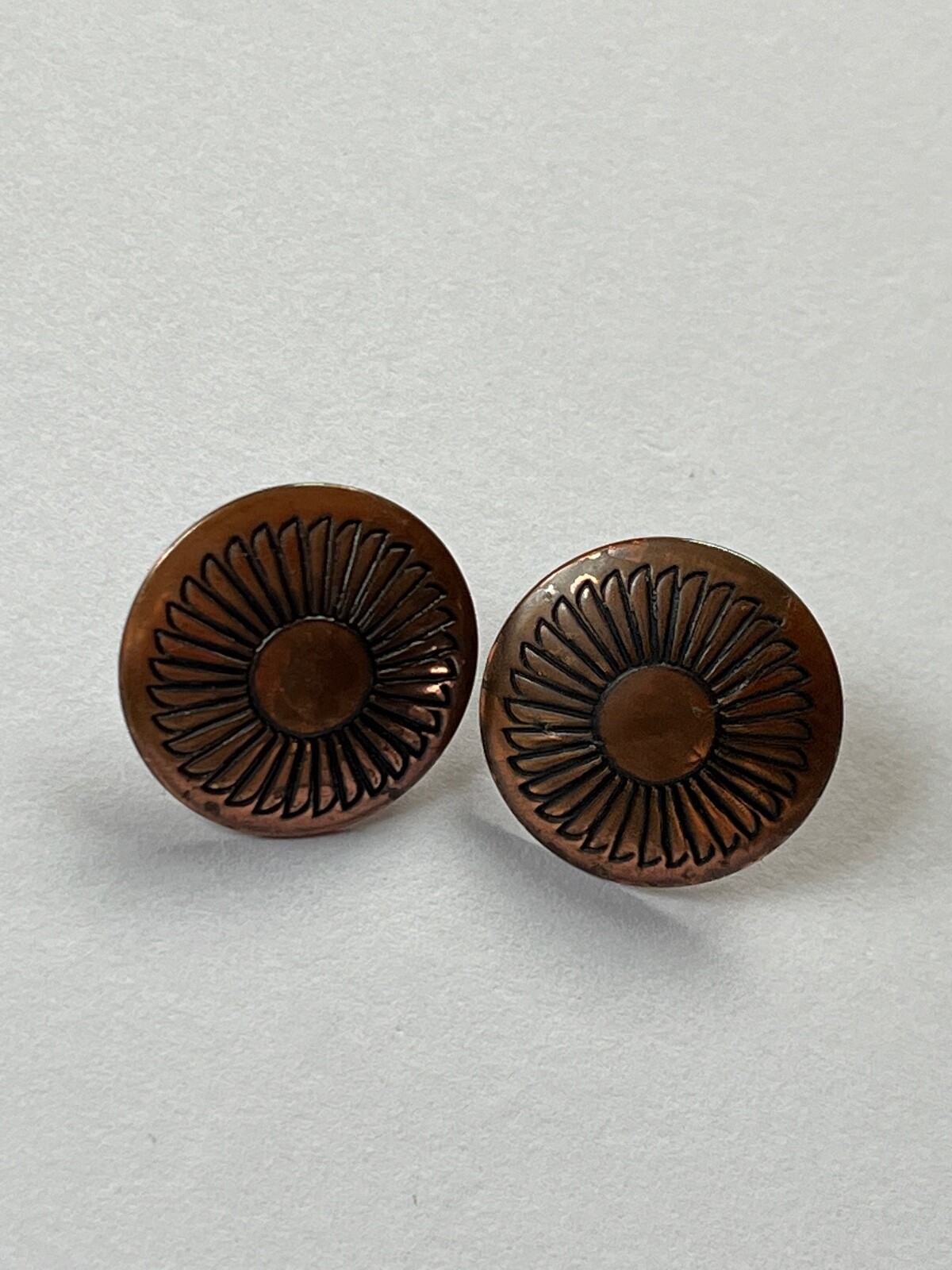 Vintage Sunflower Etched Solid Copper Round Disk Post Earrings for Pierced Ears