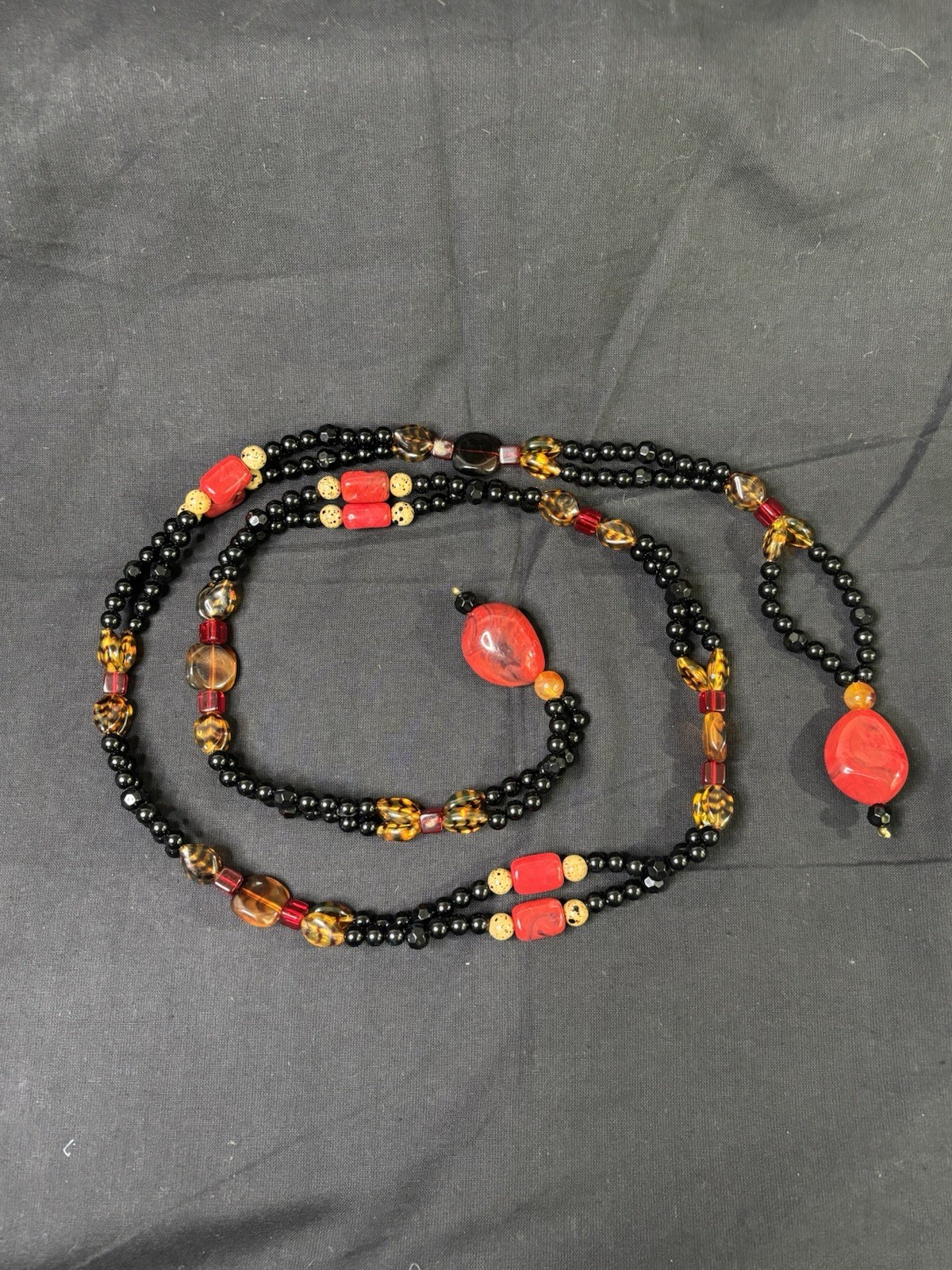Angela Caputi 62” Tribal Style Single Strand Red, Black And Amber Bead Necklace