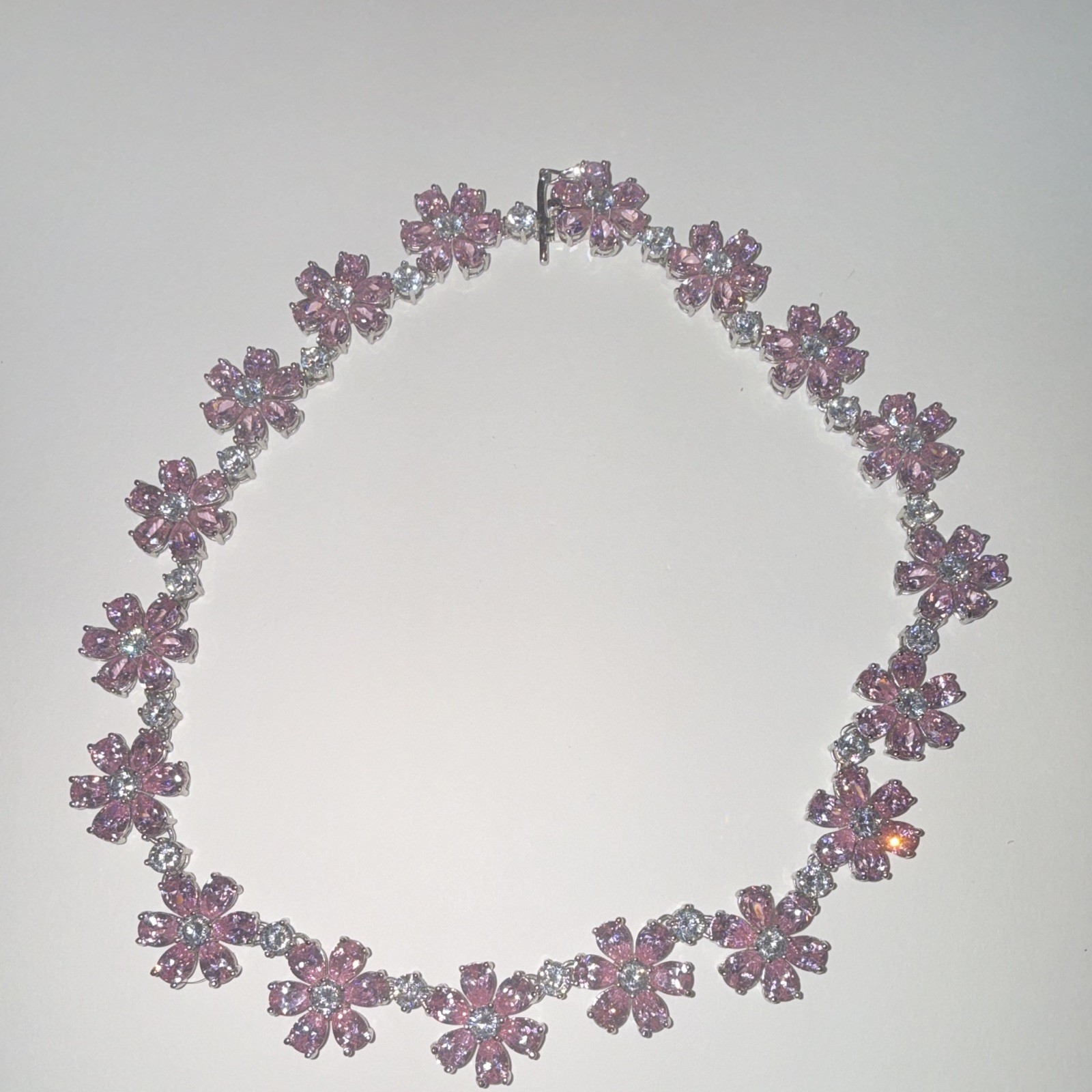 Silver Plated Pink Simulated Crystal Flower Link Necklace Box Clasp