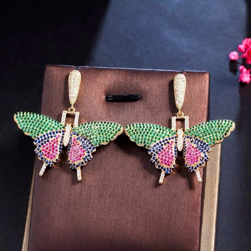 Fancy Multicolor Cubic Zirconia Dangle Drop Big Butterfly Wings Earrings