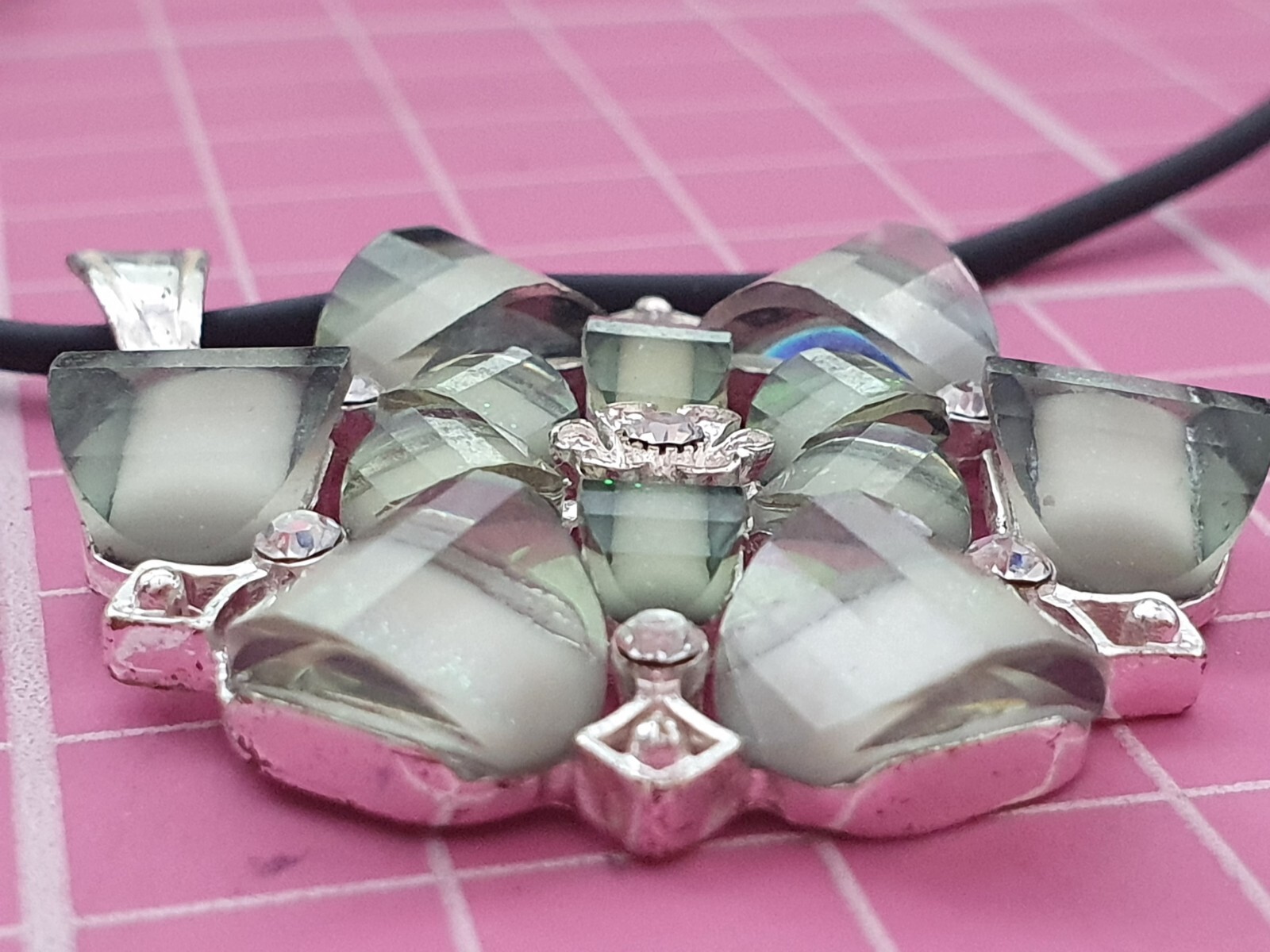 Sparkly Green Floral Clear Rhinestone Sliver Tone Black Cord Pendant Necklace