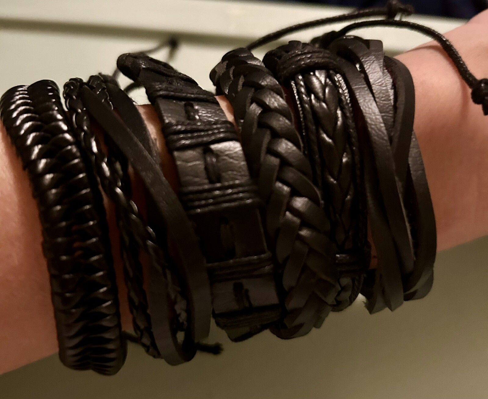 Stackable Adjustable Black Faux Leather Bracelets Set Of 6