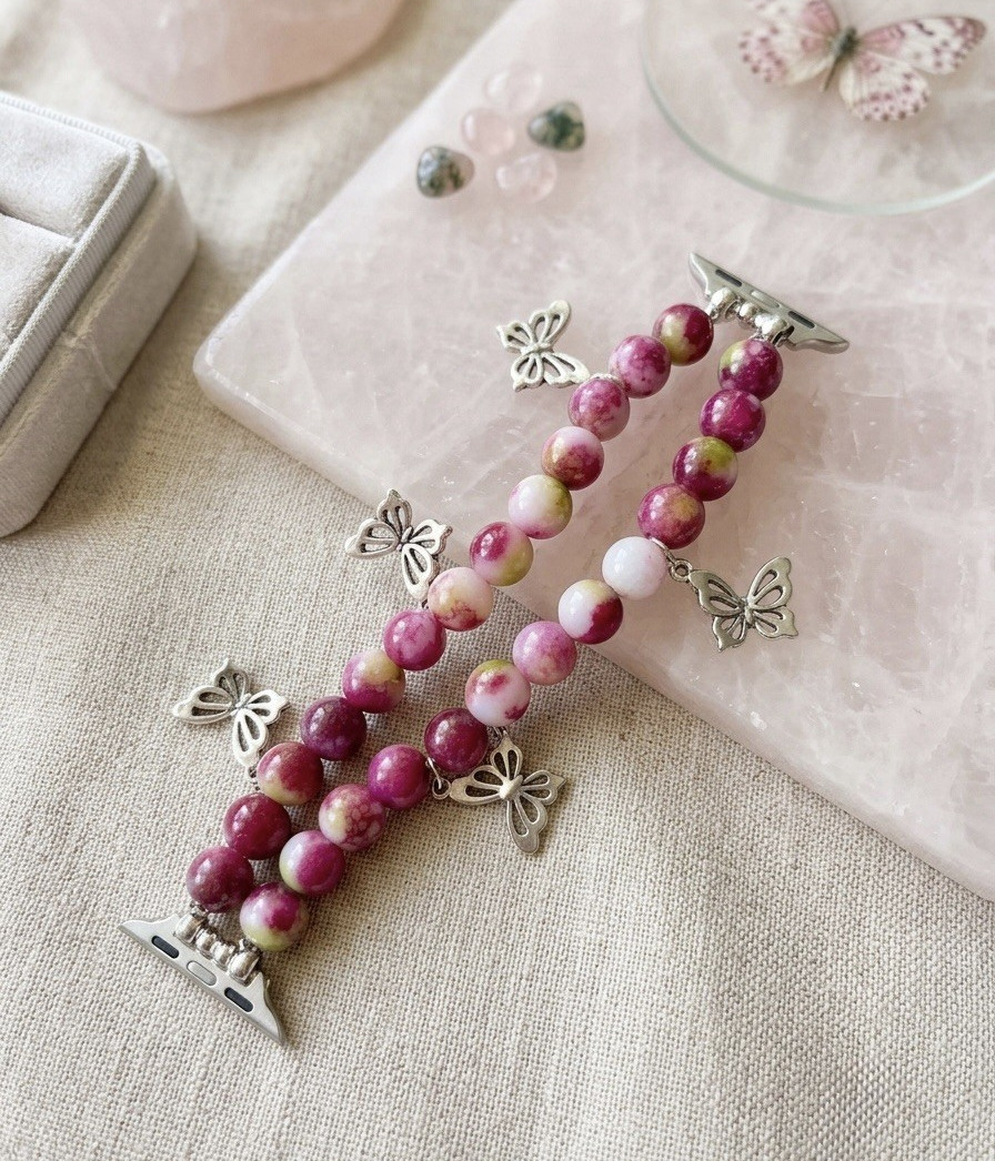 Pink Round Beaded Apple watch band w/ Silver Butterfly Charms 38/40/41mm