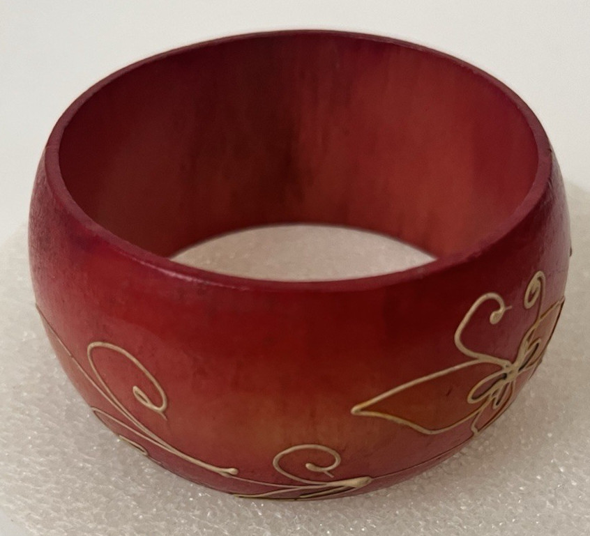 Wood Cuff Bracelet Red Tone Floral Hand Embossed Designs Thick Chunky