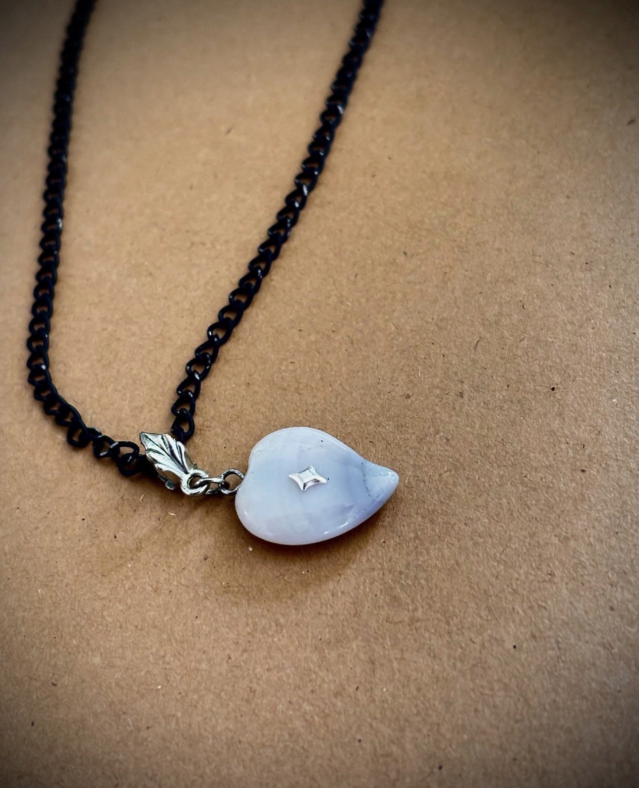 Black Metal Cable Chain Necklace w/ White Heart Charm Pendant, Love & Hearts