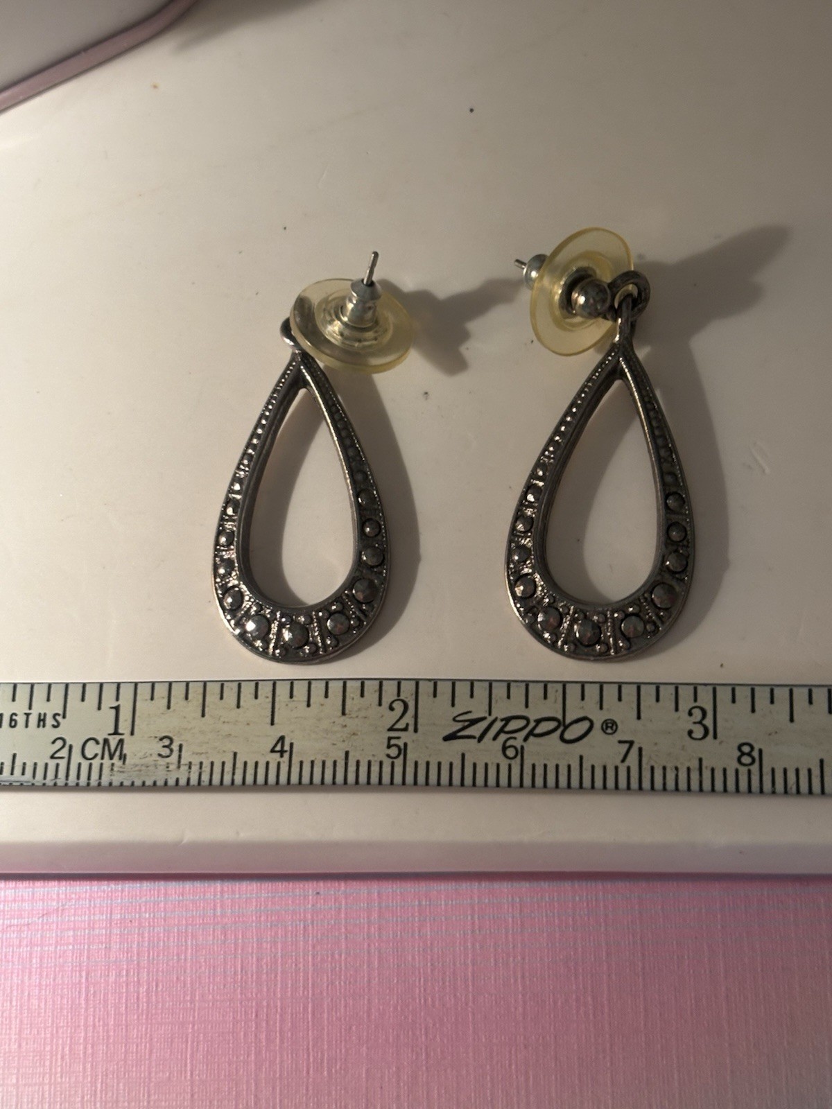 Vintage Silver Tone Teardrop Dangle Drop Earrings Metal Butterfly Back