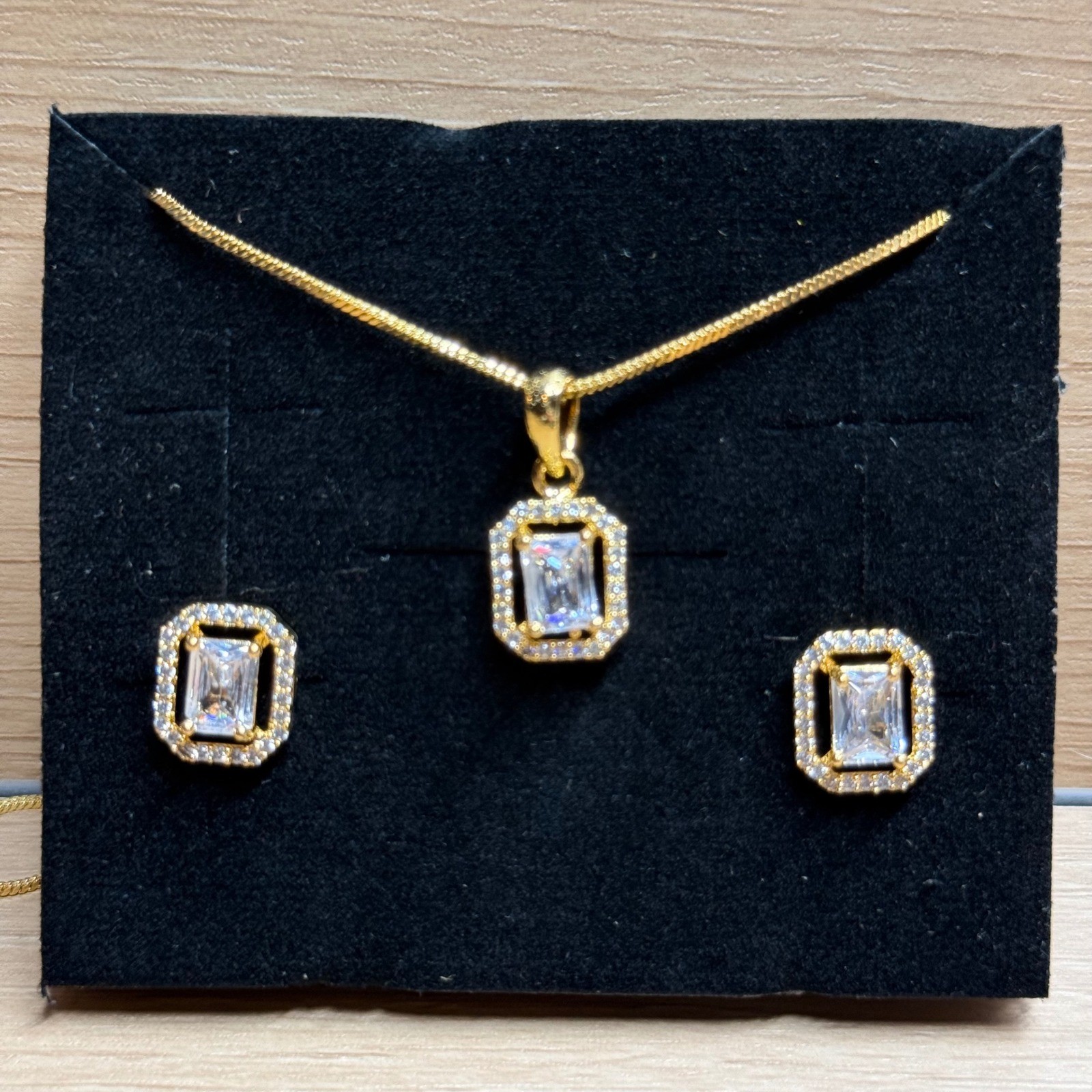 Gold Emerald Cut Jewelry Set Necklace Stud Earrings Halo Bridal Wedding