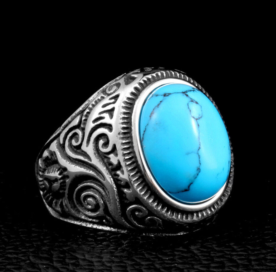 SMITH Men’s Stainless Steel Turquoise Ring For Men Size 7 8 9 10 11 12 13 14 15