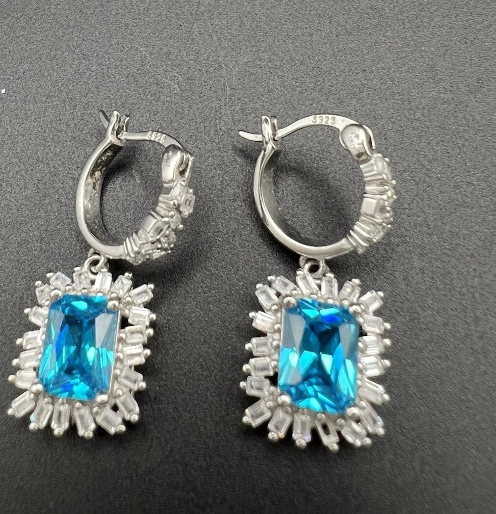 Blue & White/colorless CZ Sterling Silver 925 Dangle Drop Earrings