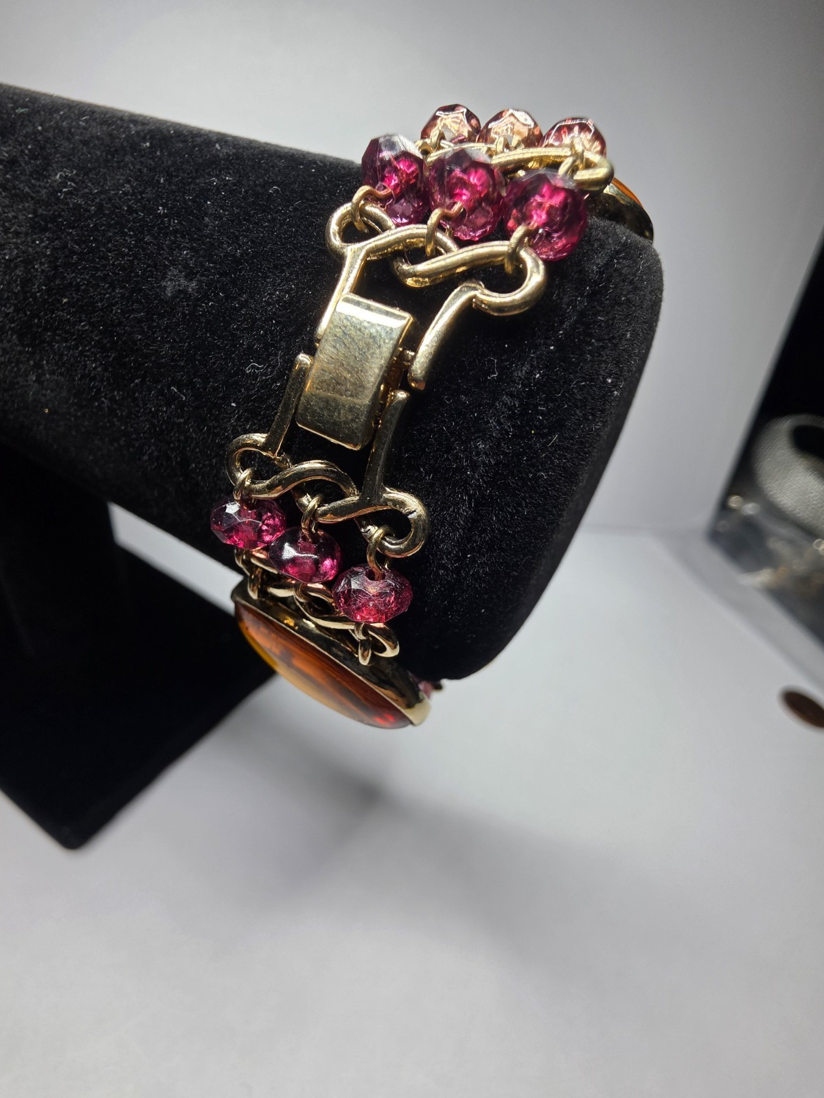 Vintage Gold Tone Amber Colour and Pinkish Colour Stones, Costume Jewellery