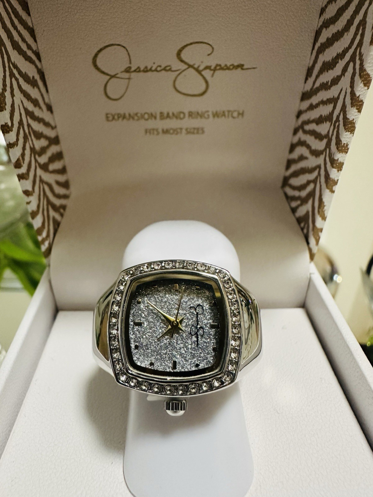 Jessica Simpson Silver Tone Ring Watch Rhinestone Bezel New In Box Women