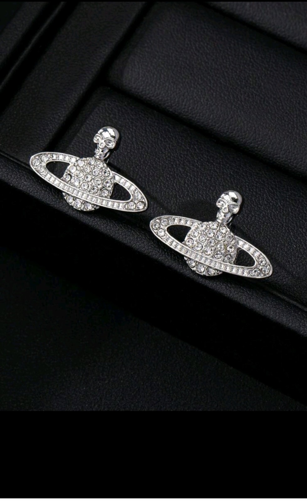 Celestial Crystal Statement Earrings, Saturn, Orb, Skull Accents Silver Pair