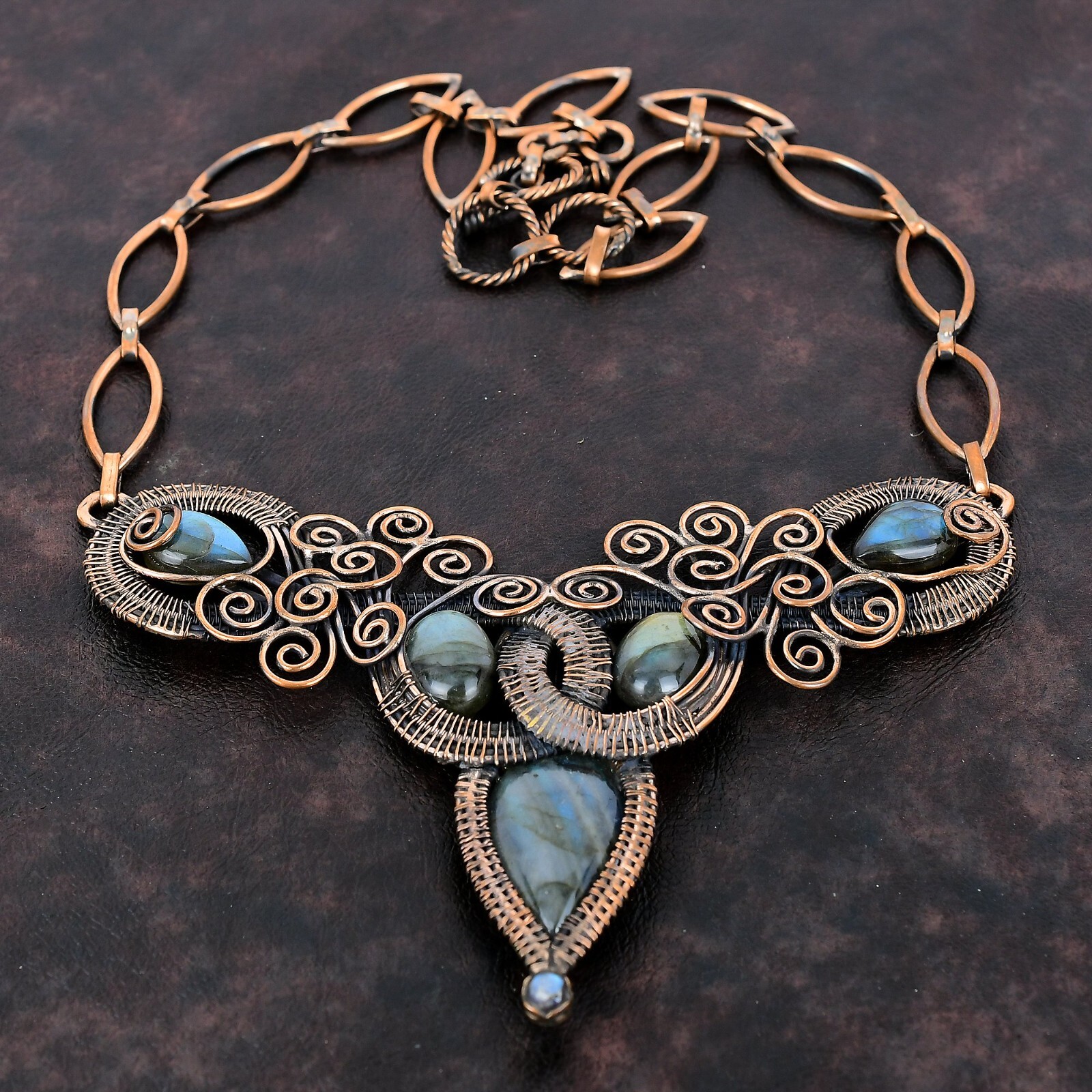 Labradorite Wire Wrapped Adjustable Necklace Handcrafted Copper Designer 18.0″