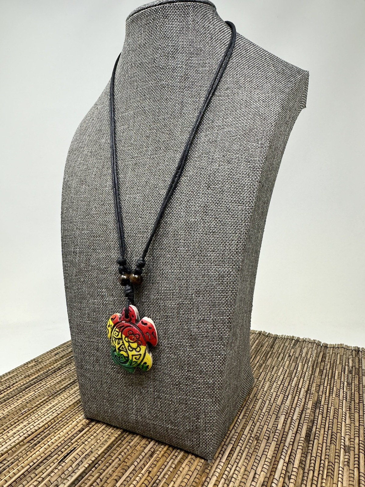 Handmade Turtle Pendant Necklace – Rasta (Hand-Painted), White, Brown – Taino