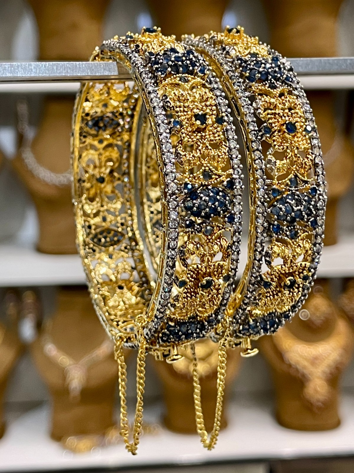 2 Pc Adjustable Gold Oxidized Blue Stone Bangles Pakistani Bridal Jewelry