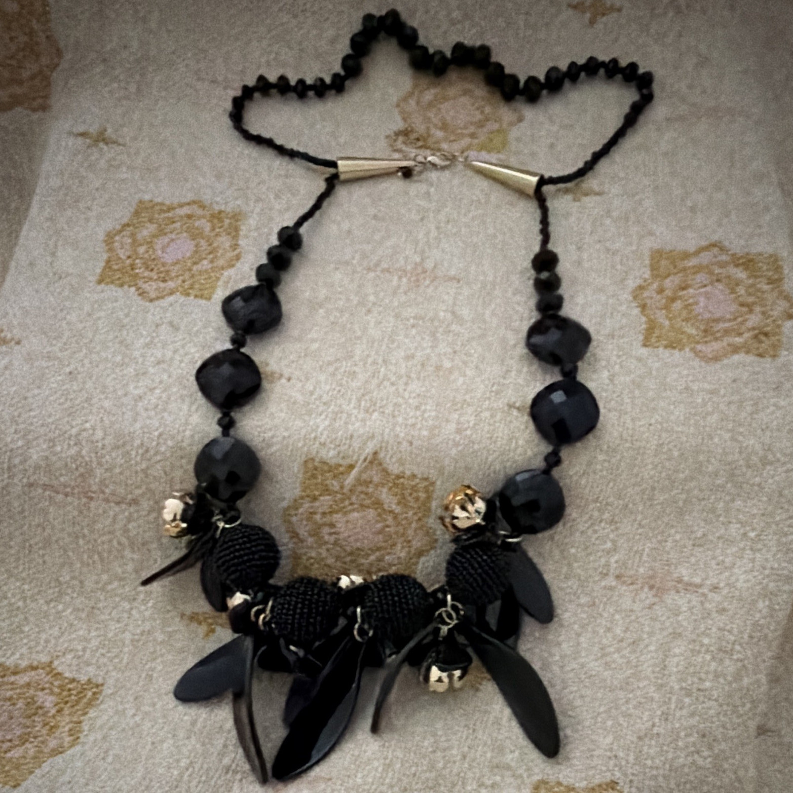 Black Gold Beaded Statement Bolo Necklace Adjustable Asymmetrical Charm