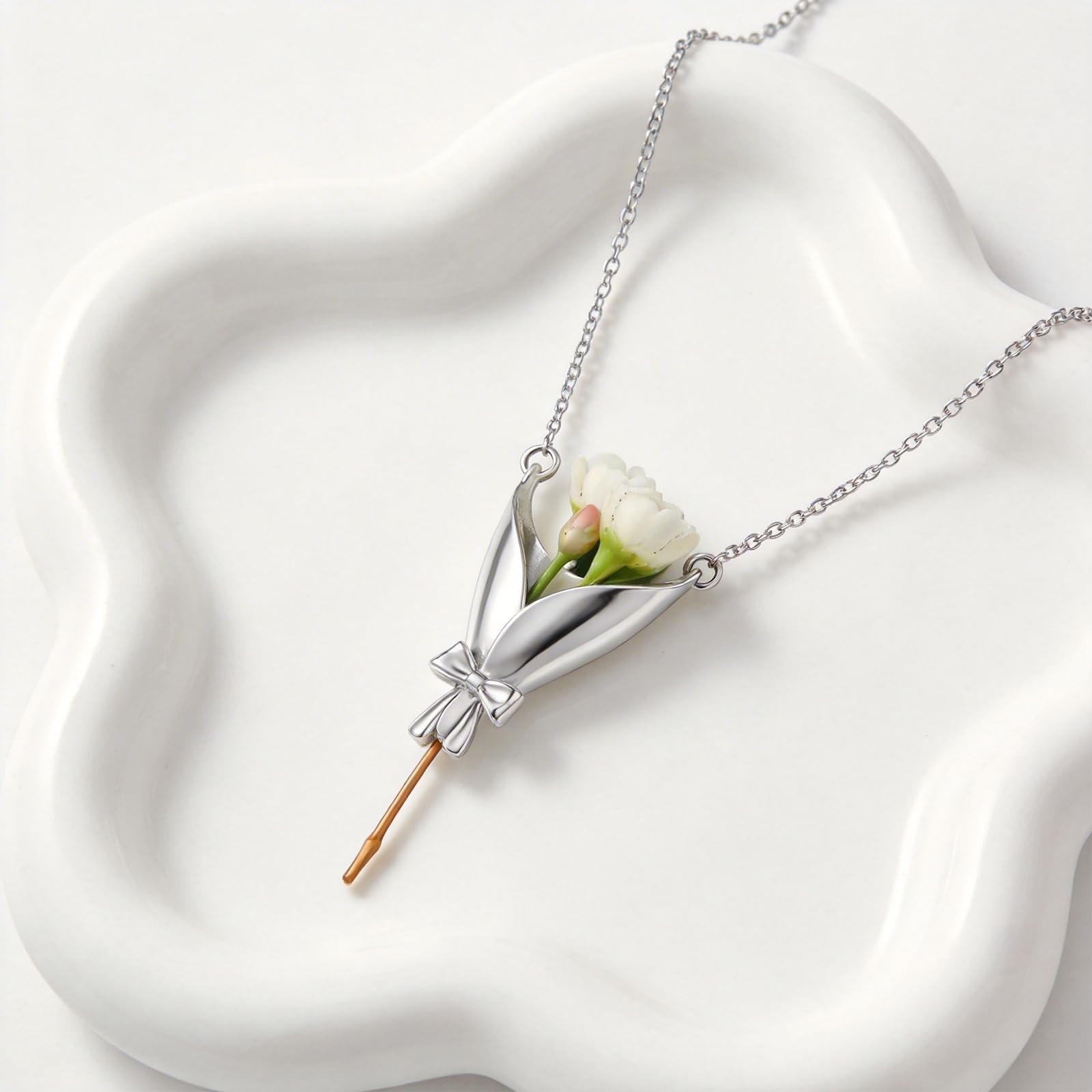Mothers Day Gift Silver Flower Holder Necklace Jewelry For Mom Women For Her