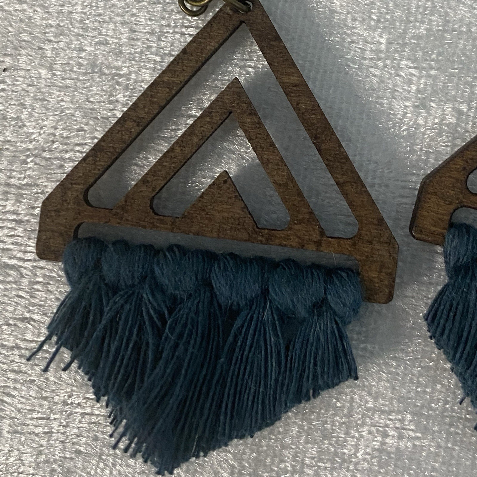 Tassel Earrings Macrame Triangle Wood Pink Gold Tone Floral Cross Stitch Patriot