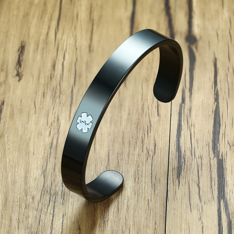Men Black Medical Alert ID ICE Bangle Bracelet Cuff First Aid DIY Name Engraving