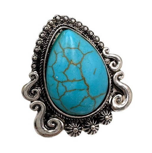 Adjustable Teardrop Turquoise Bezel Cocktail Ring Silver Tone Blue Stone