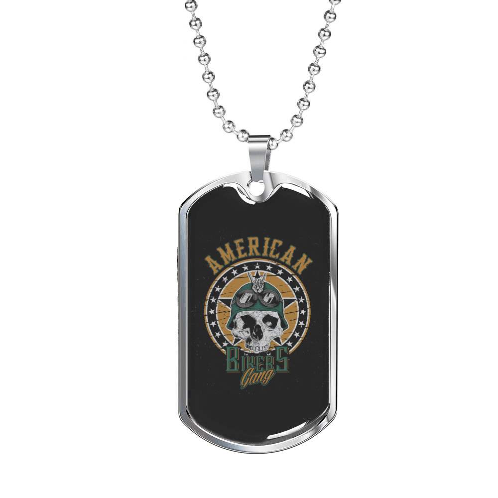 American Bikers Gang Biker Dog Tag Necklace Stainless Steel 24″ Chain Silver To
