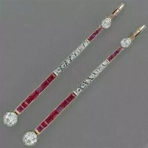 Art Deco 2.30Ct Emerald Simulated Red Ruby Drop Earrings 14K Yellow Gold Plated