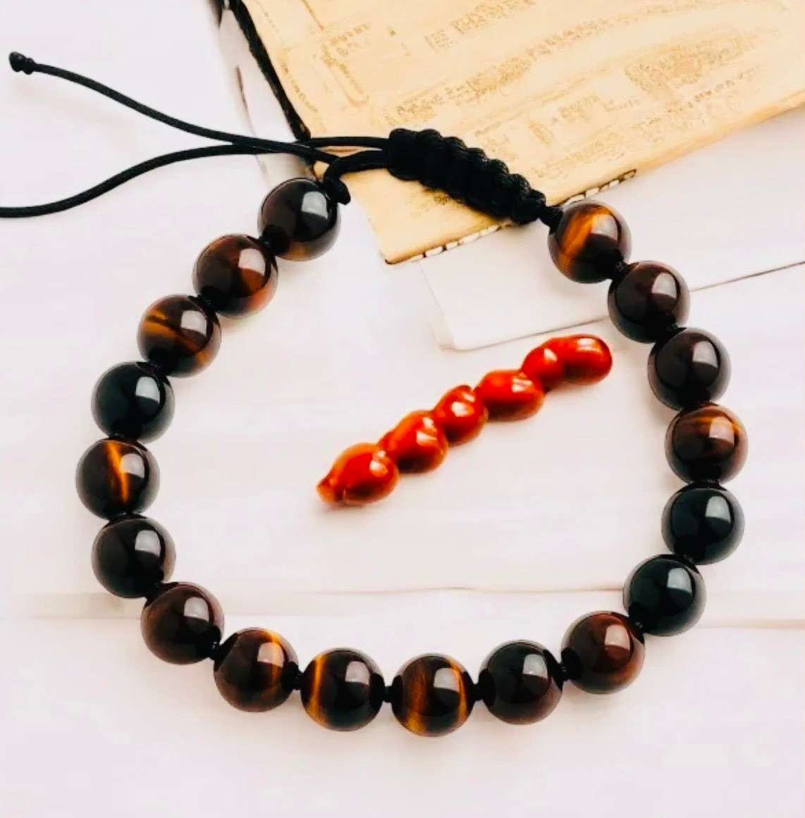 Men’s Tiger Eye Black Obsidian Beaded Adjustable Bracelet 8mm Natural Stone