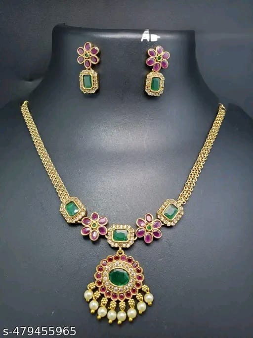 Artificial Jewelry Set for Women | Green & Red Necklace Set with Earrings