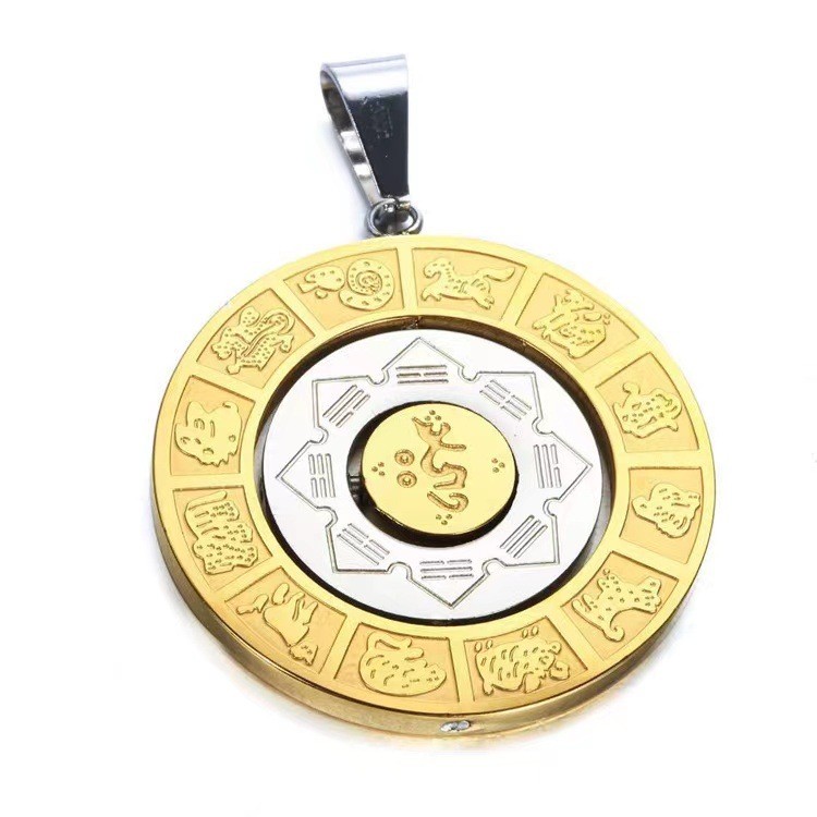 Rotatable Chinese Zodiac Sign Manjushri Pendant Stainless Steel Men’s Necklace
