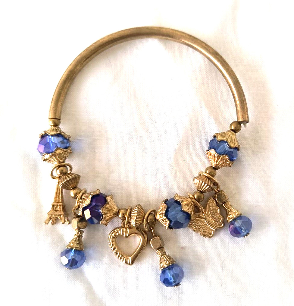 Fashion Jewelry Stretch Bracelet Gold Color Metal Charms Blue Acrylic Charms